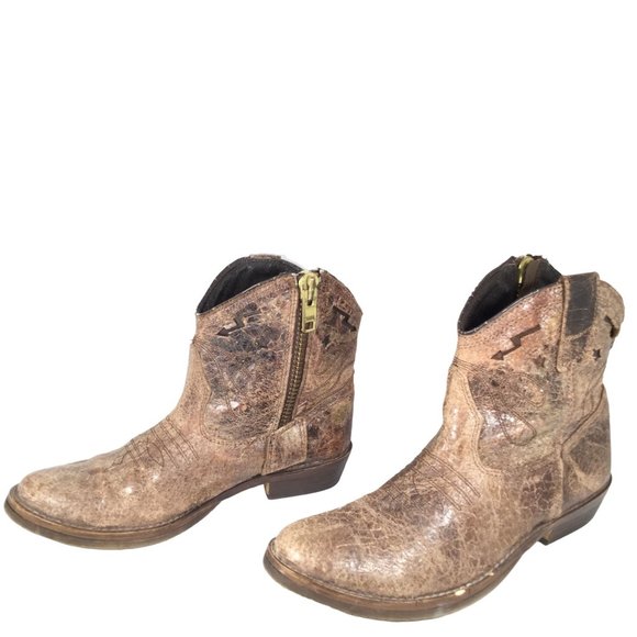 Steven By Steve Madden Shoes - Steven by Steve Madden Distressed Cowboy Ankle Boots Western Zipped Brown Size 7